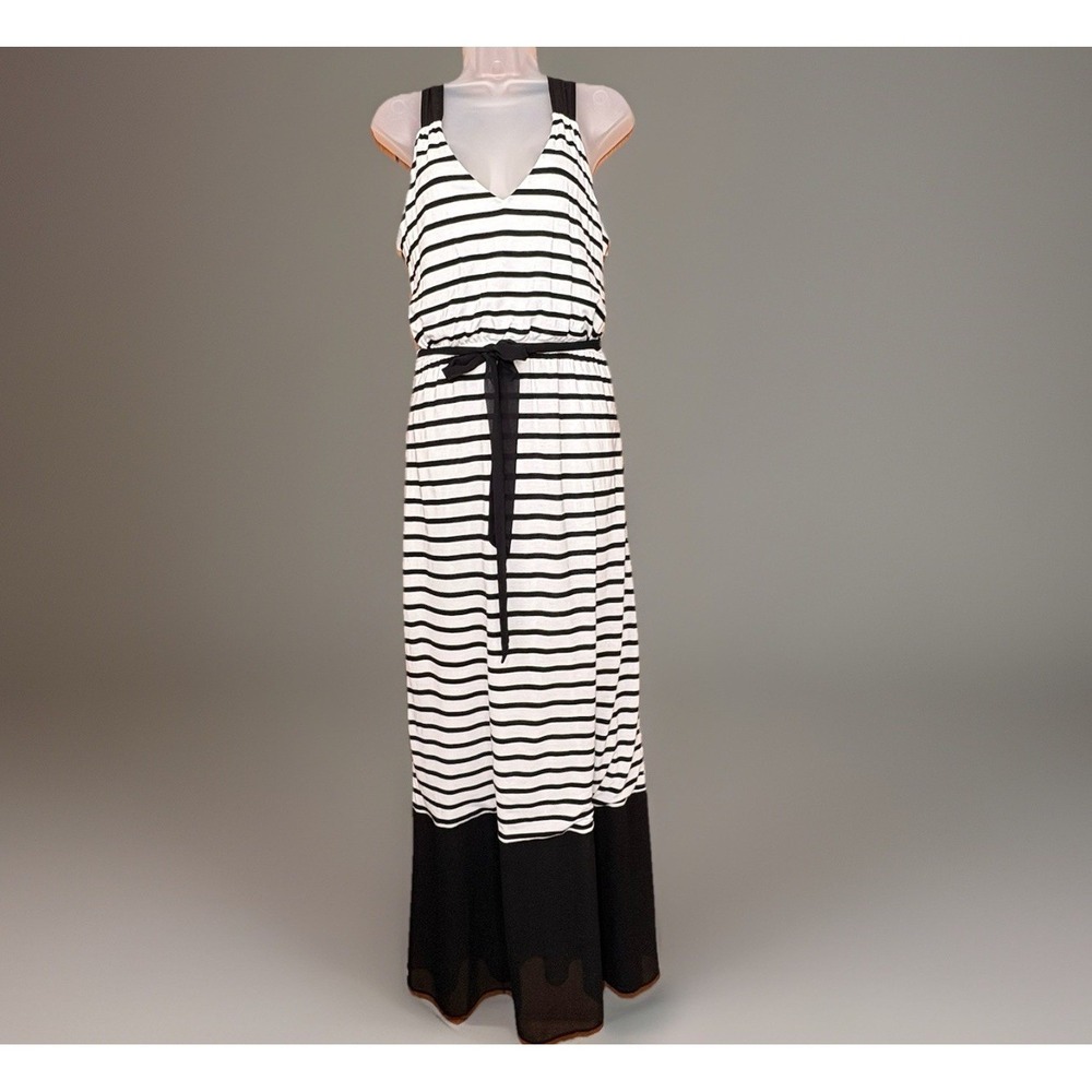 Express Halter Maxi Dress Women M Black White Striped‎ Chiffon Hem Boho Nautical